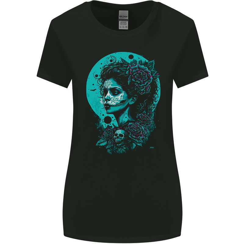 Santa Muerte Day of the Dead Skull Fantasy Womens Wider Cut T-Shirt Black