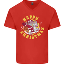 Santa On a Unicorn Funny Christmas Xmas Mens V-Neck Cotton T-Shirt Red