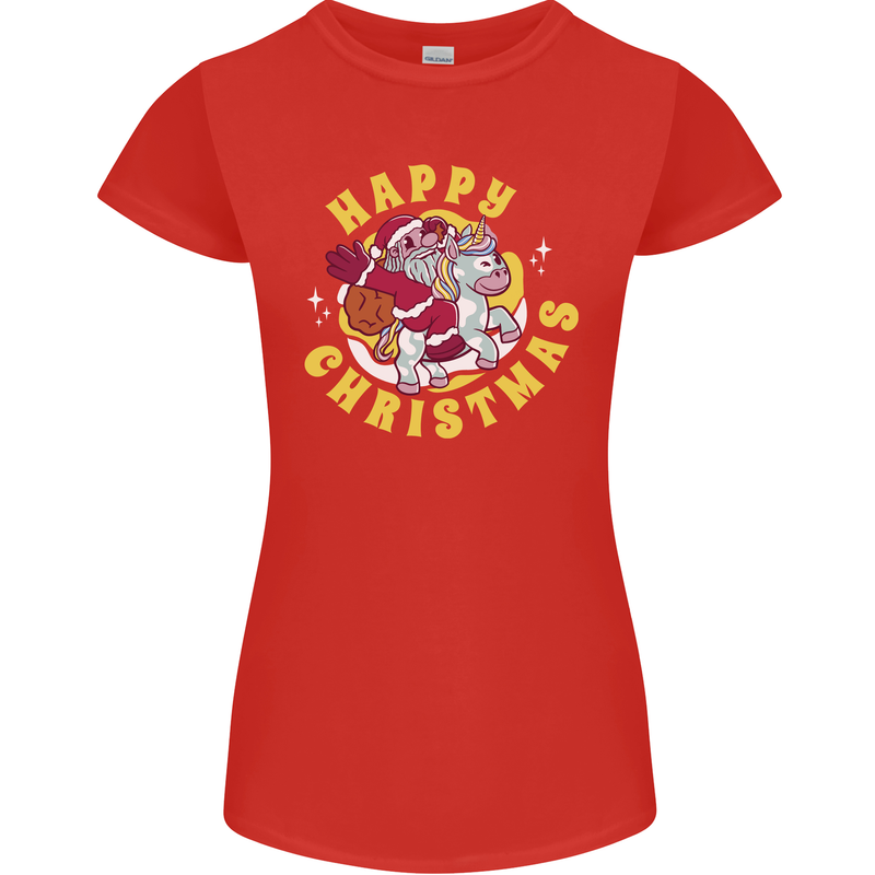 Santa On a Unicorn Funny Christmas Xmas Womens Petite Cut T-Shirt Red