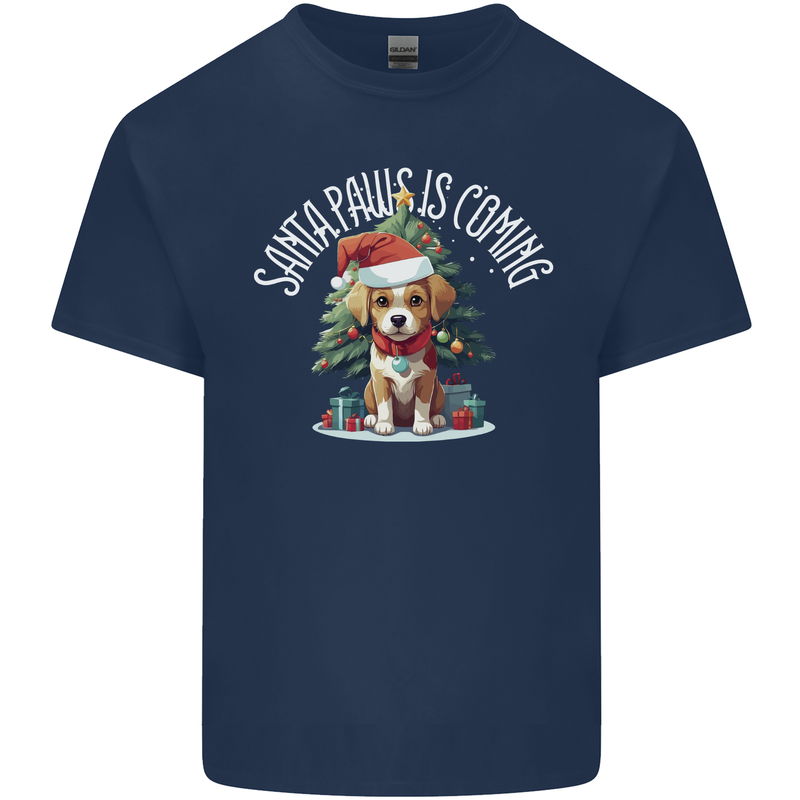 Santa Paws Is Coming Funny Christmas Dog Mens Cotton T-Shirt Tee Top Navy Blue