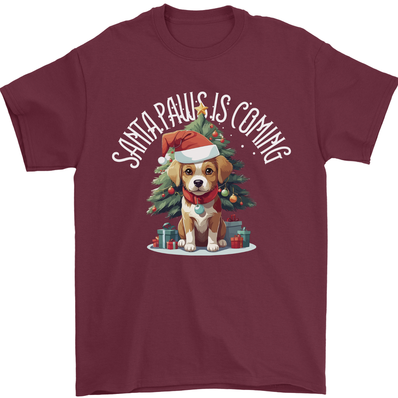 Santa Paws Is Coming Funny Christmas Dog Mens T-Shirt 100% Cotton Maroon