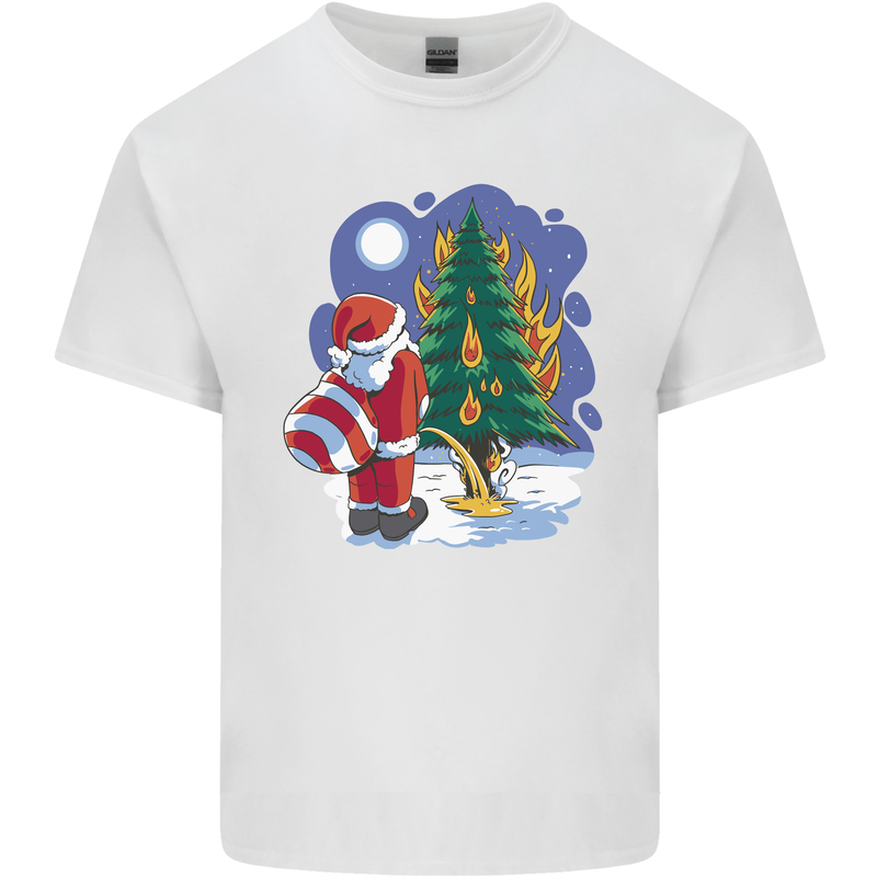 Santa Peeing on a Christmas Tree Xmas Funny Kids T-Shirt Childrens White