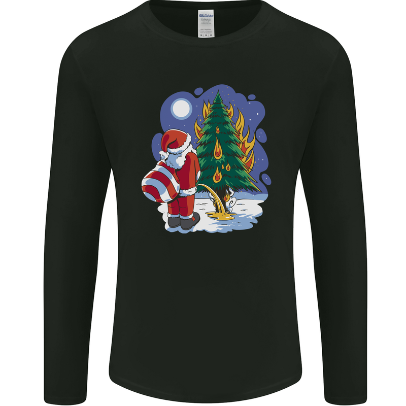 Santa Peeing on a Christmas Tree Xmas Funny Mens Long Sleeve T-Shirt Black