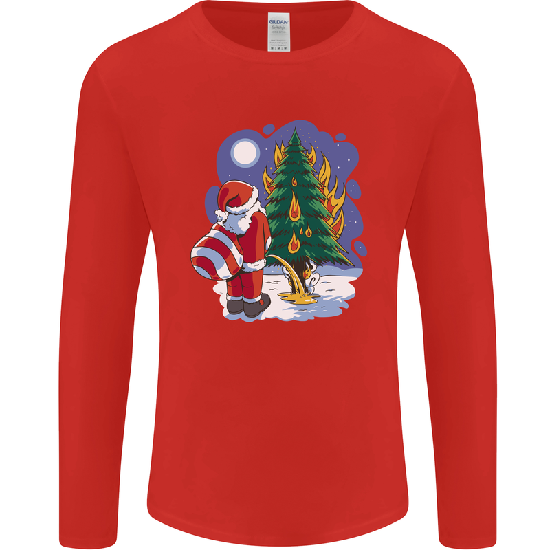 Santa Peeing on a Christmas Tree Xmas Funny Mens Long Sleeve T-Shirt Red