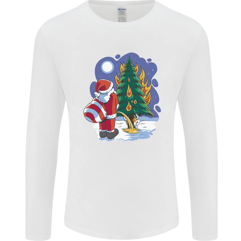Santa Peeing on a Christmas Tree Xmas Funny Mens Long Sleeve T-Shirt White