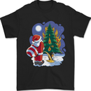 Santa Peeing on a Christmas Tree Xmas Funny Mens T-Shirt 100% Cotton Black
