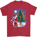 Santa Peeing on a Christmas Tree Xmas Funny Mens T-Shirt 100% Cotton Red