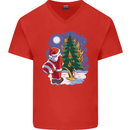 Santa Peeing on a Christmas Tree Xmas Funny Mens V-Neck Cotton T-Shirt Red