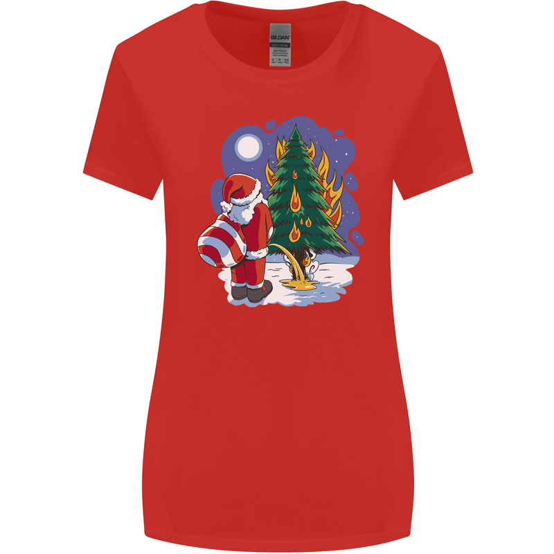 Santa Peeing on a Christmas Tree Xmas Funny Womens Wider Cut T-Shirt Red