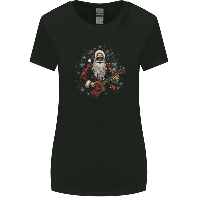 Santa Playing the Guitar Rock Music Christmas Xmas Womens Wider Cut T-Shirt Black
