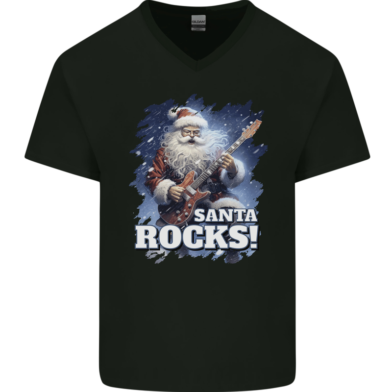 Santa Rocks Christmas Guitar Music Heavy Metal Mens V-Neck Cotton T-Shirt Black