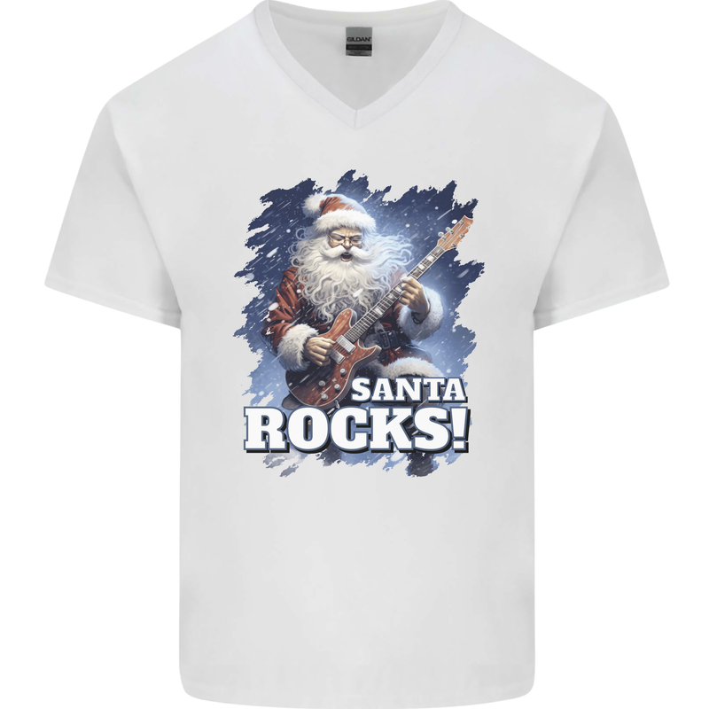 Santa Rocks Christmas Guitar Music Heavy Metal Mens V-Neck Cotton T-Shirt White