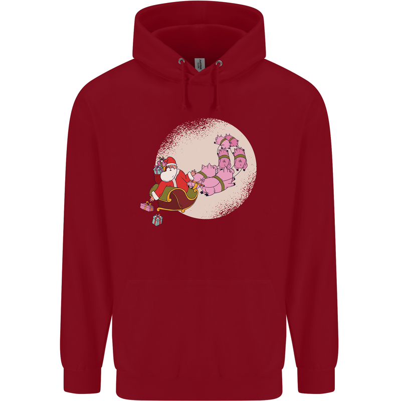 Santa Sleigh Pulled by Christmas Pigs Funny Xmas Childrens Kids Hoodie Red