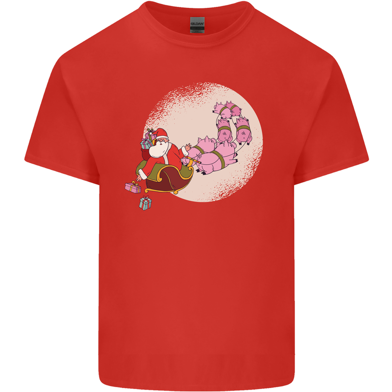 Santa Sleigh Pulled by Christmas Pigs Funny Xmas Mens Cotton T-Shirt Tee Top Red