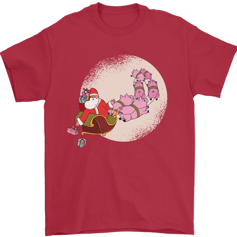 Santa Sleigh Pulled by Christmas Pigs Funny Xmas Mens T-Shirt 100% Cotton Red