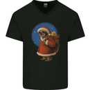Santa Sloth Funny Christmas Xmas Mens V-Neck Cotton T-Shirt Black
