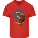 Santa Sloth Funny Christmas Xmas Mens V-Neck Cotton T-Shirt Red