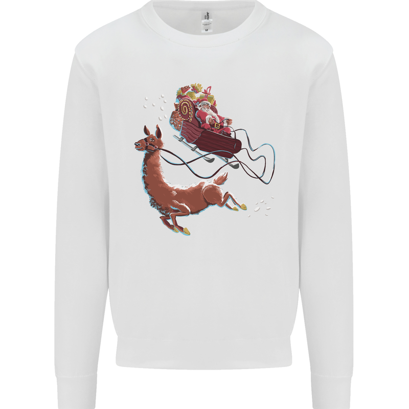Santa & Llama Funny Christmas Sleigh Xmas Kids Sweatshirt Jumper White