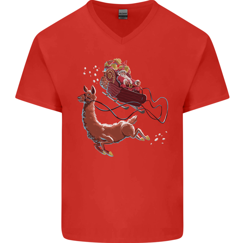 Santa & Llama Funny Christmas Sleigh Xmas Mens V-Neck Cotton T-Shirt Red
