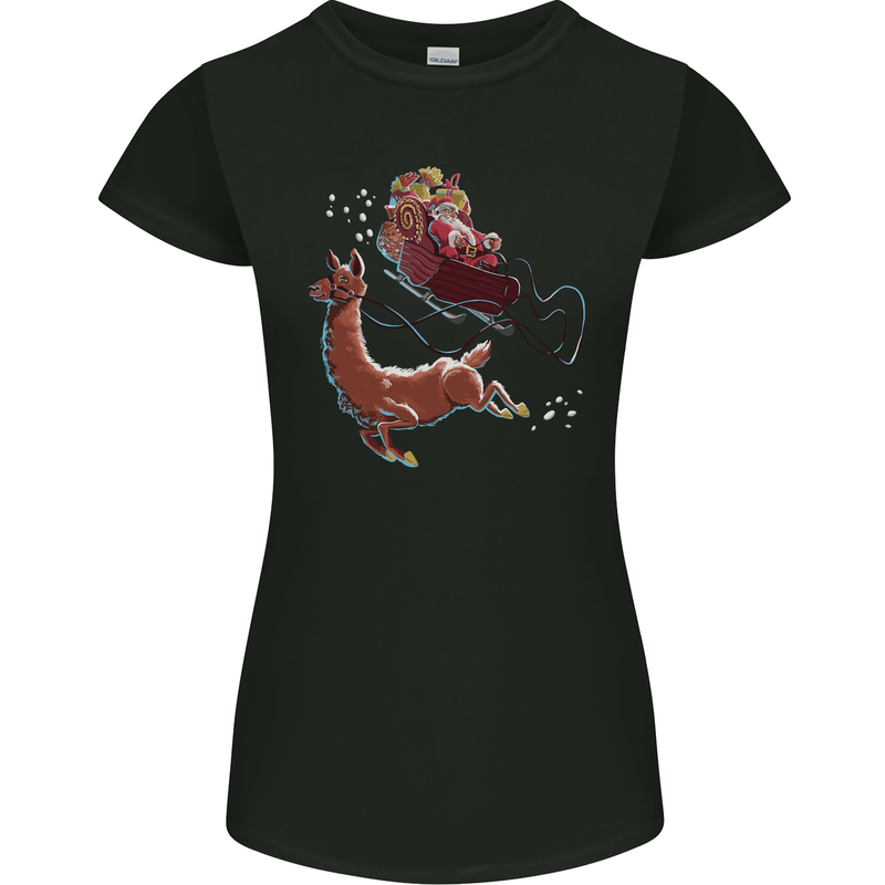 Santa & Llama Funny Christmas Sleigh Xmas Womens Petite Cut T-Shirt Black