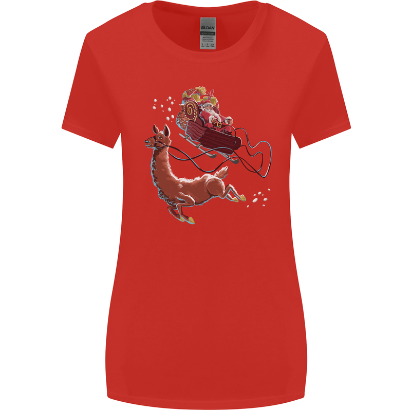 Santa & Llama Funny Christmas Sleigh Xmas Womens Wider Cut T-Shirt Red