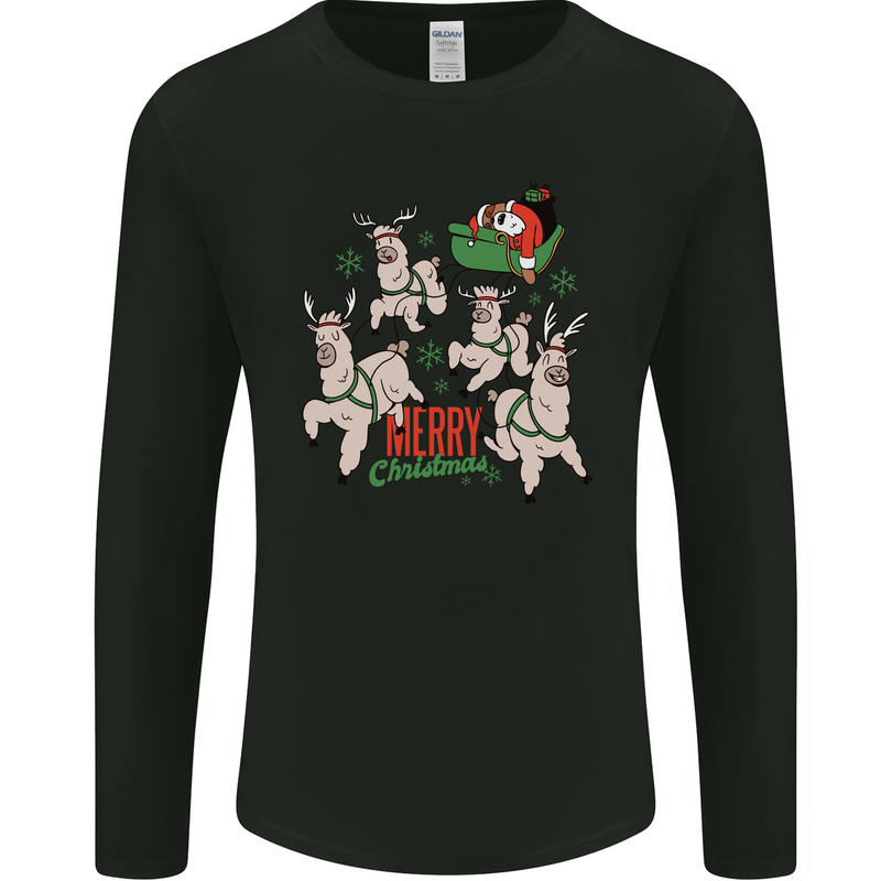 Santa & Llama Sleigh Funny Christmas Xmas Mens Long Sleeve T-Shirt Black