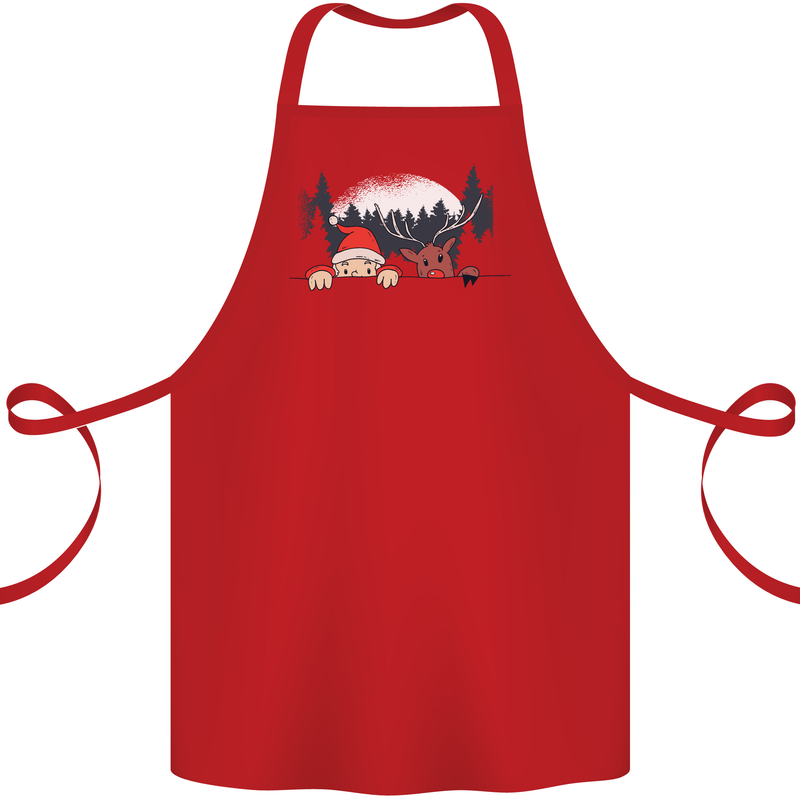 Santa & Rudolf Peeking Funny Christmas Xmas Cotton Apron 100% Organic Red