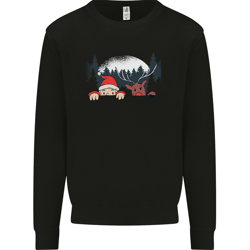 Santa & Rudolf Peeking Funny Christmas Xmas Kids Sweatshirt Jumper Black
