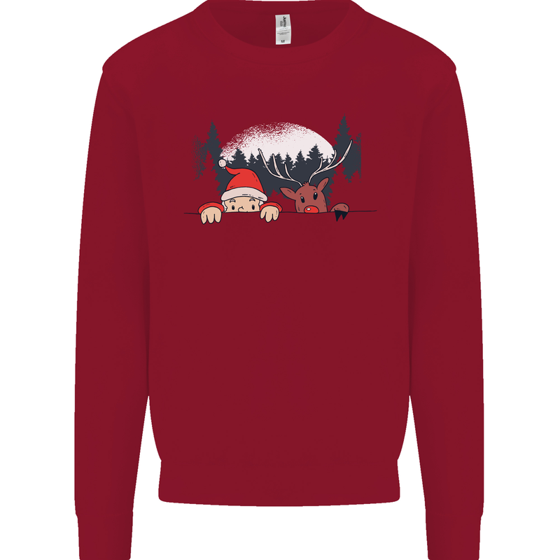 Santa & Rudolf Peeking Funny Christmas Xmas Kids Sweatshirt Jumper Red
