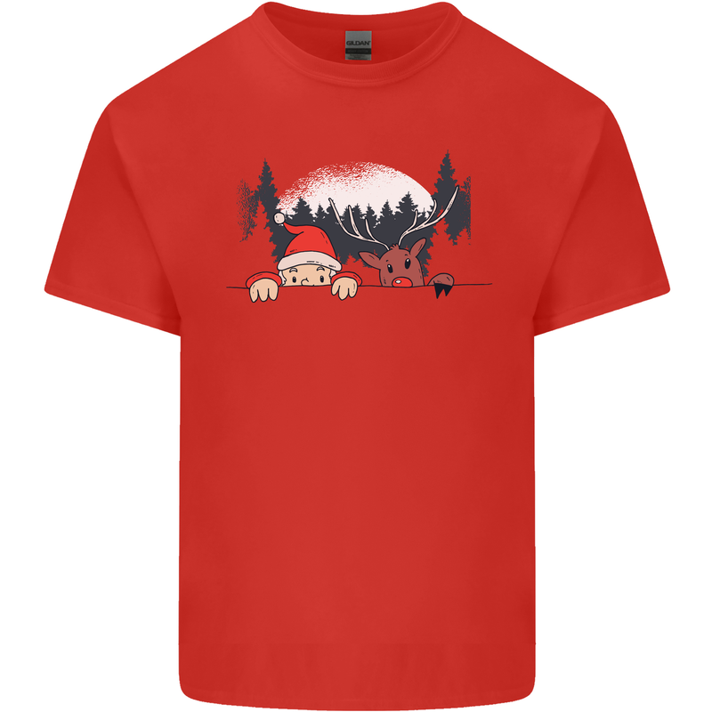 Santa & Rudolf Peeking Funny Christmas Xmas Mens Cotton T-Shirt Tee Top Red
