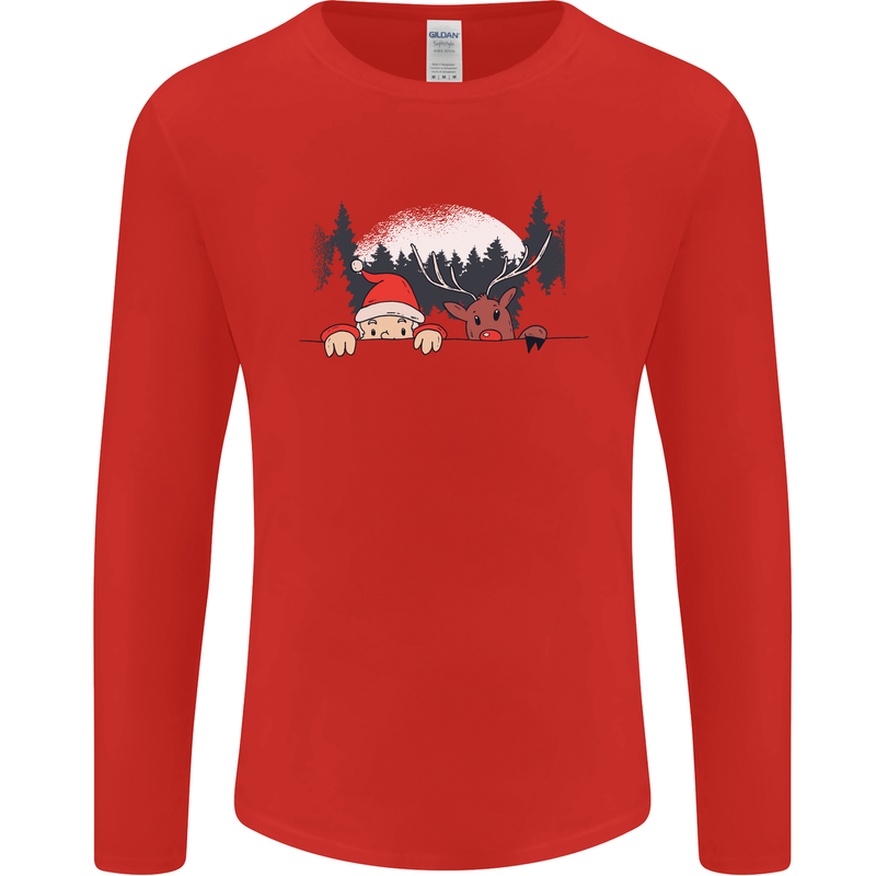 Santa & Rudolf Peeking Funny Christmas Xmas Mens Long Sleeve T-Shirt Red