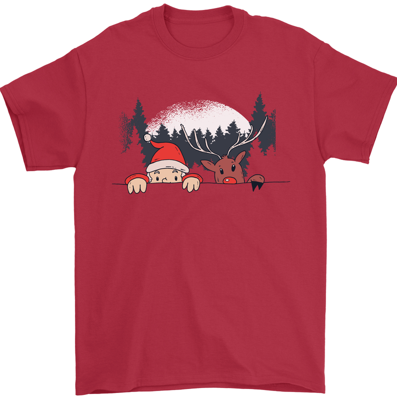 Santa & Rudolf Peeking Funny Christmas Xmas Mens T-Shirt 100% Cotton Red