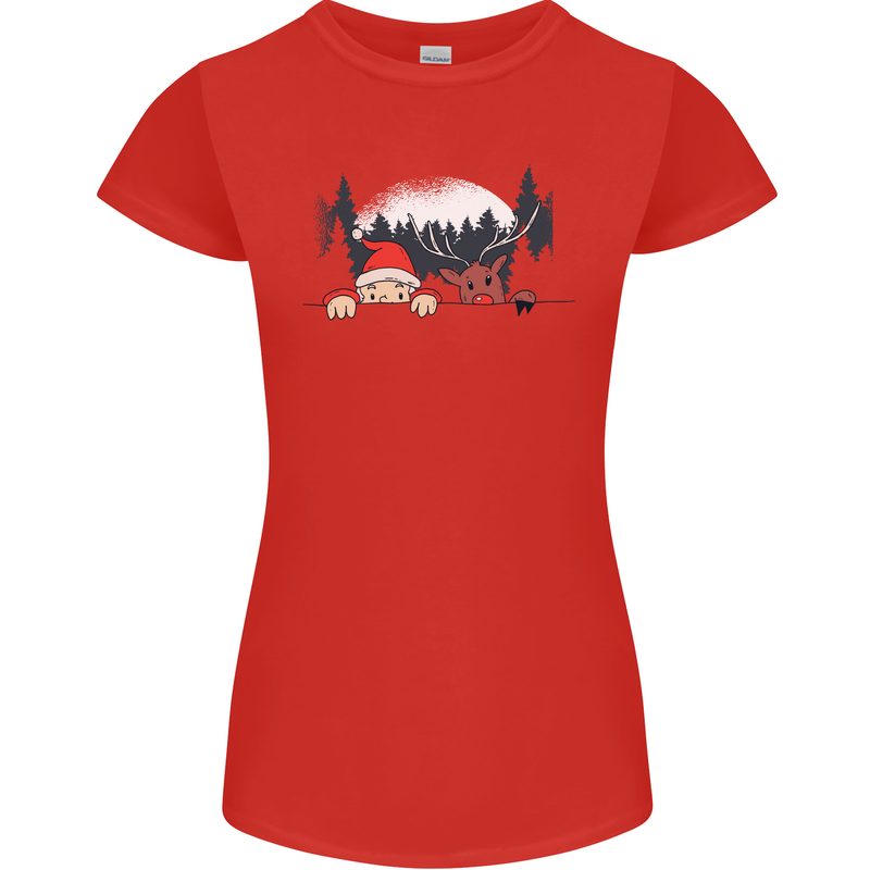 Santa & Rudolf Peeking Funny Christmas Xmas Womens Petite Cut T-Shirt Red