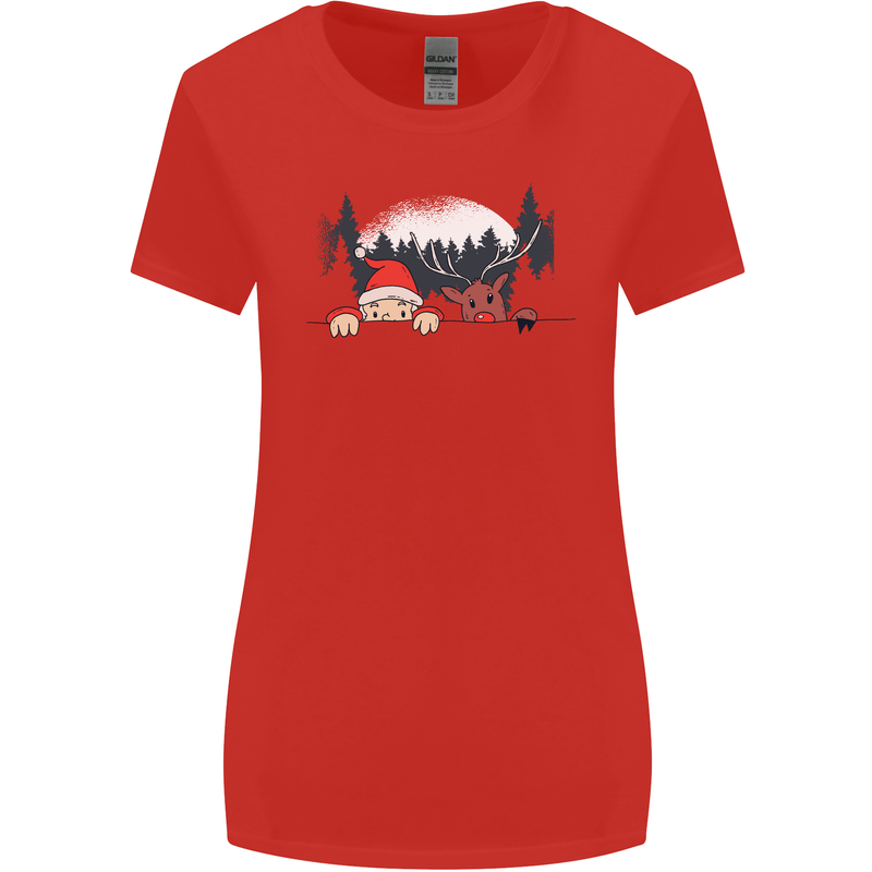 Santa & Rudolf Peeking Funny Christmas Xmas Womens Wider Cut T-Shirt Red