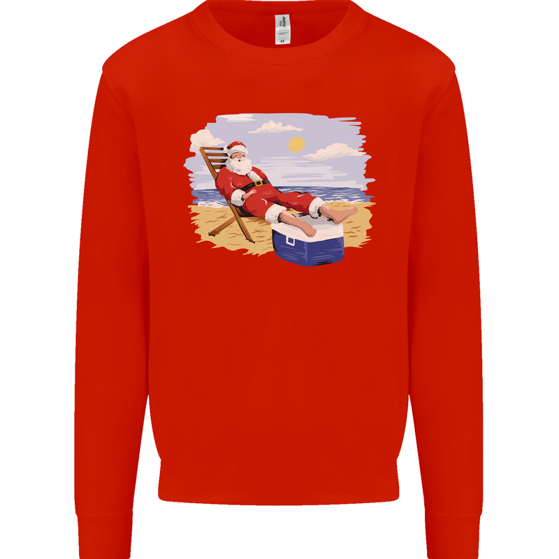 Santa at the Beach Christmas Summer Xmas Holiday Mens Sweatshirt Jumper Bright Red