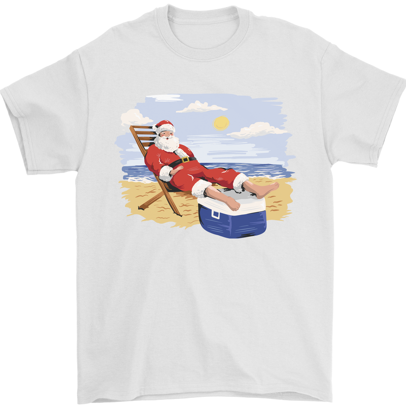 Santa at the Beach Christmas Summer Xmas Holiday Mens T-Shirt 100% Cotton White