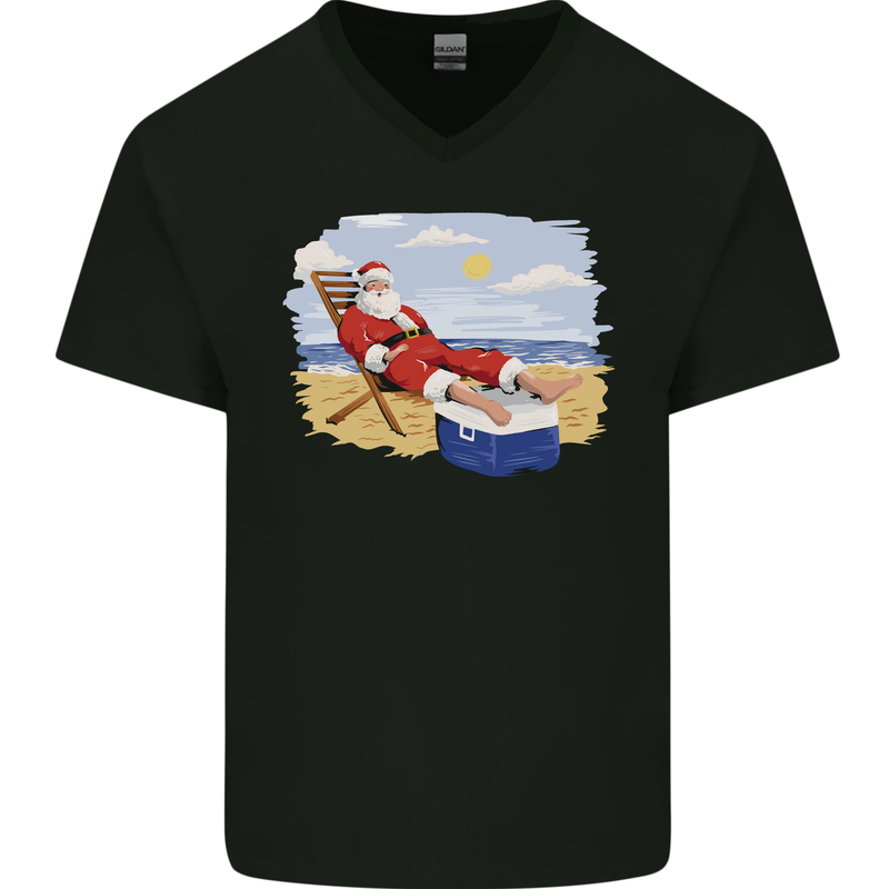 Santa at the Beach Christmas Summer Xmas Holiday Mens V-Neck Cotton T-Shirt Black