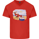 Santa at the Beach Christmas Summer Xmas Holiday Mens V-Neck Cotton T-Shirt Red