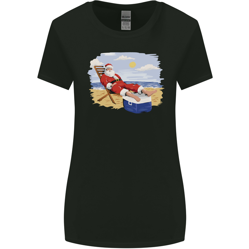 Santa at the Beach Christmas Summer Xmas Holiday Womens Wider Cut T-Shirt Black