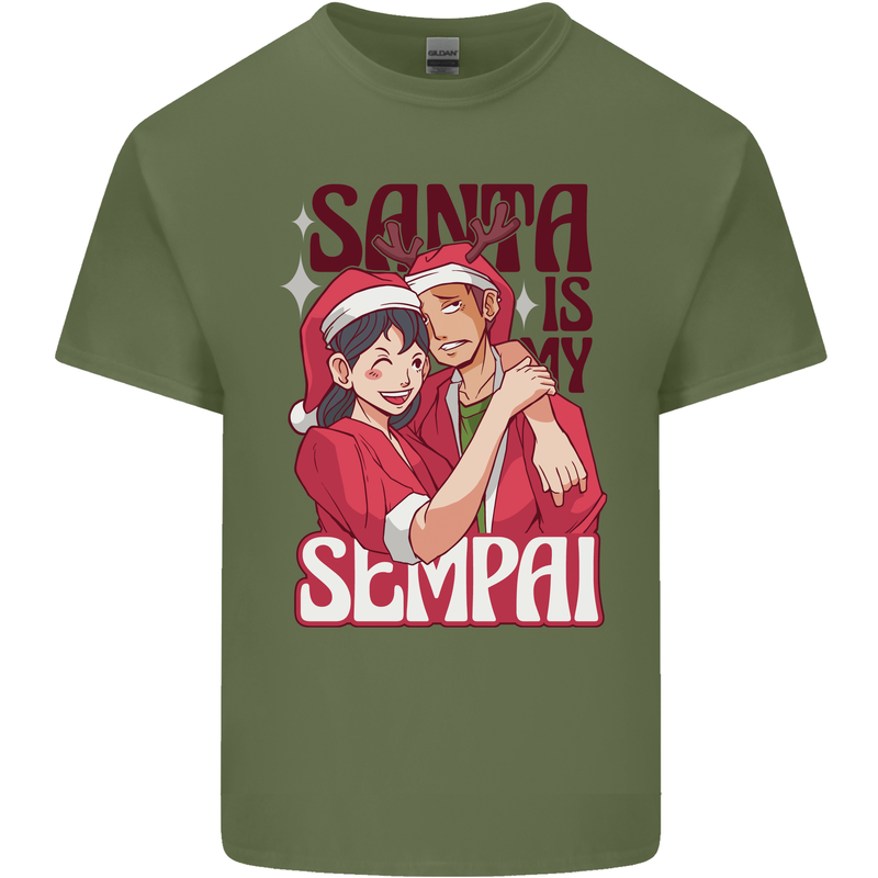 Santa is My Sempai Funny Anime Christmas Xmas Mens Cotton T-Shirt Tee Top Military Green