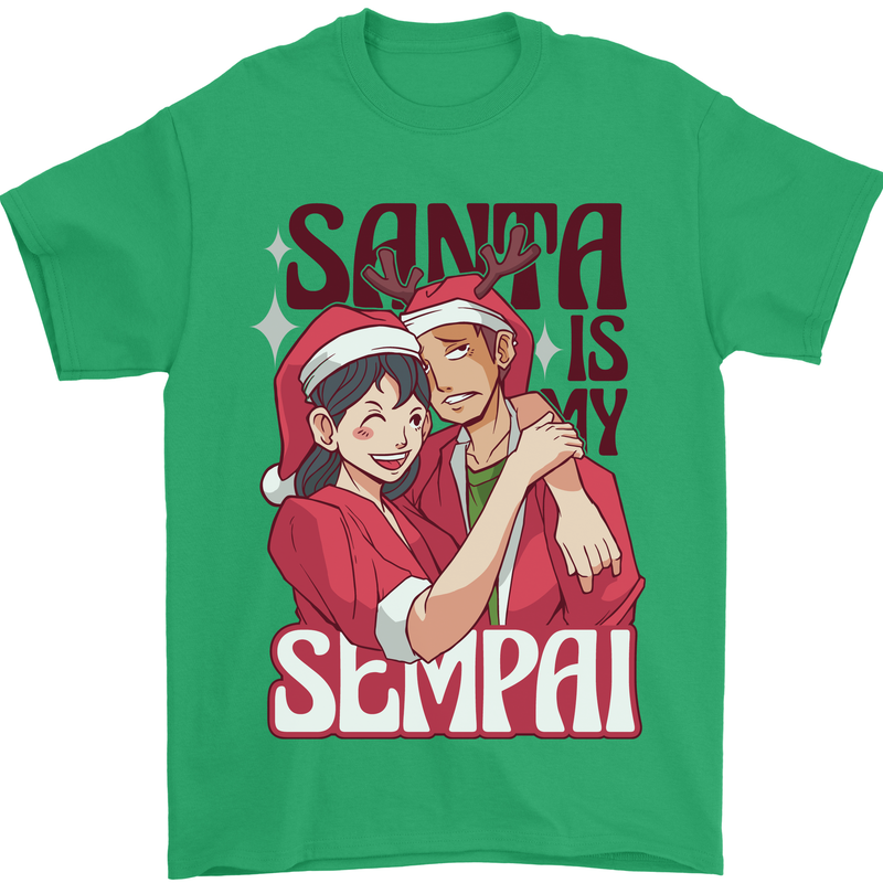 Santa is My Sempai Funny Anime Christmas Xmas Mens T-Shirt 100% Cotton Irish Green