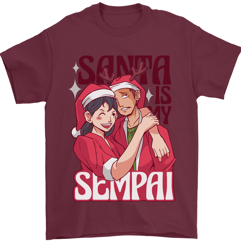 Santa is My Sempai Funny Anime Christmas Xmas Mens T-Shirt 100% Cotton Maroon