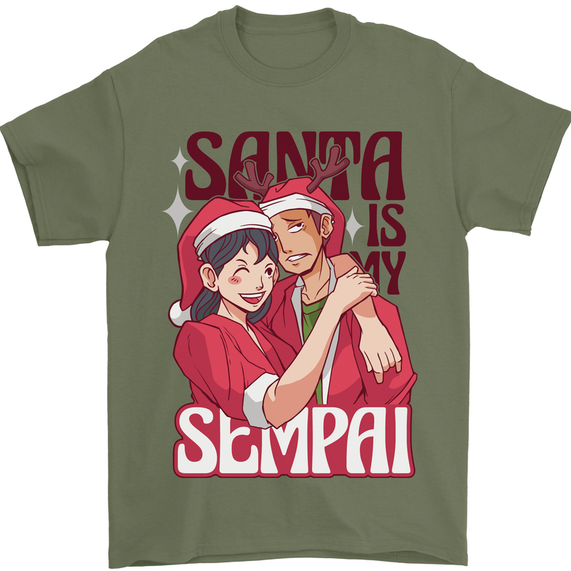 Santa is My Sempai Funny Anime Christmas Xmas Mens T-Shirt 100% Cotton Military Green