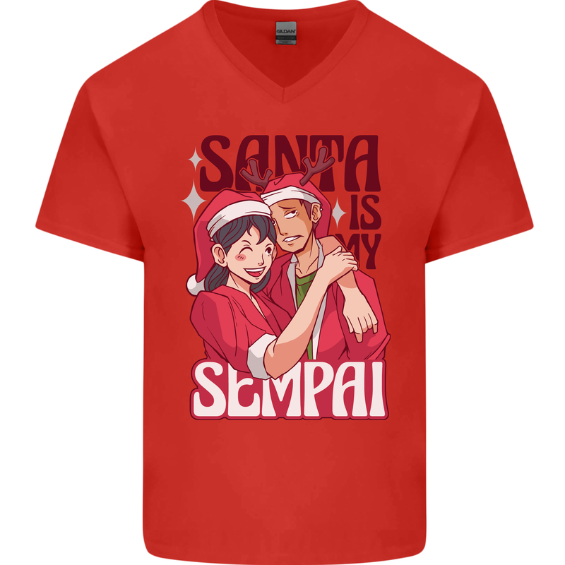 Santa is My Sempai Funny Anime Christmas Xmas Mens V-Neck Cotton T-Shirt Red