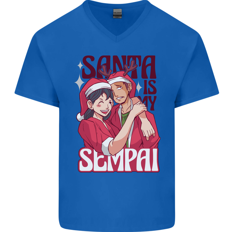 Santa is My Sempai Funny Anime Christmas Xmas Mens V-Neck Cotton T-Shirt Royal Blue