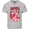 Santa is My Sempai Funny Anime Christmas Xmas Mens V-Neck Cotton T-Shirt Sports Grey