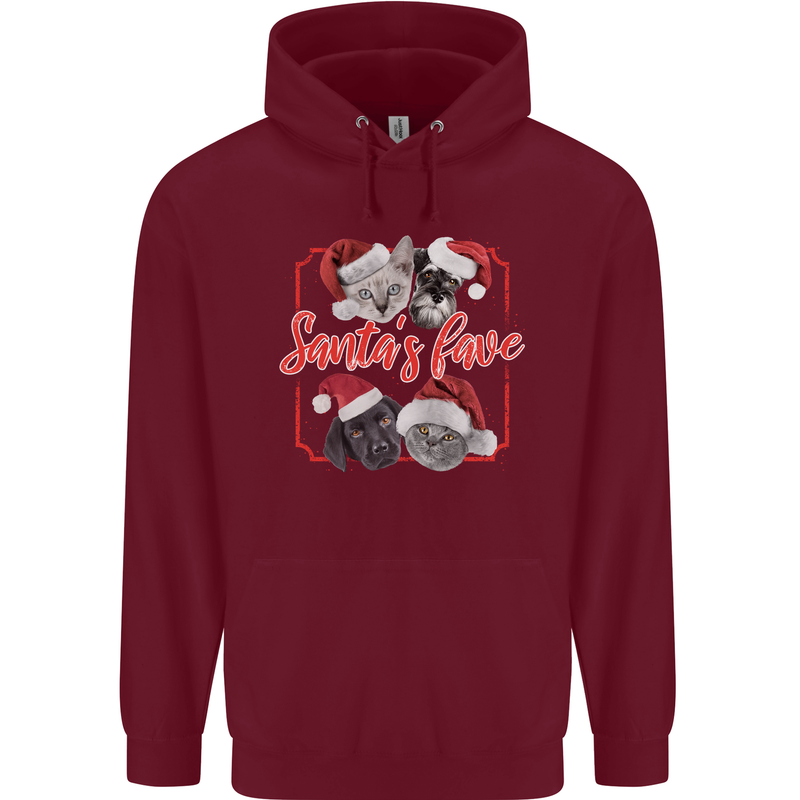 Santa's Fave Cats and Dogs Christmas Xmas Mens 80% Cotton Hoodie Maroon