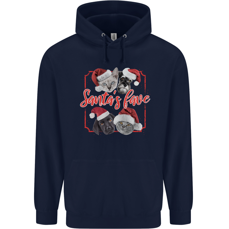 Santa's Fave Cats and Dogs Christmas Xmas Mens 80% Cotton Hoodie Navy Blue