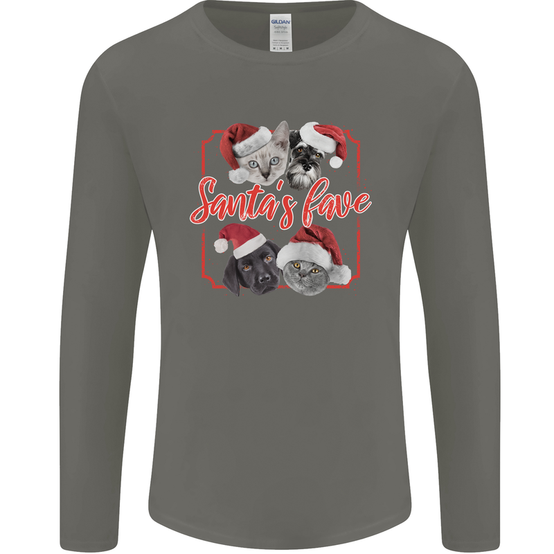 Santa's Fave Cats and Dogs Christmas Xmas Mens Long Sleeve T-Shirt Charcoal