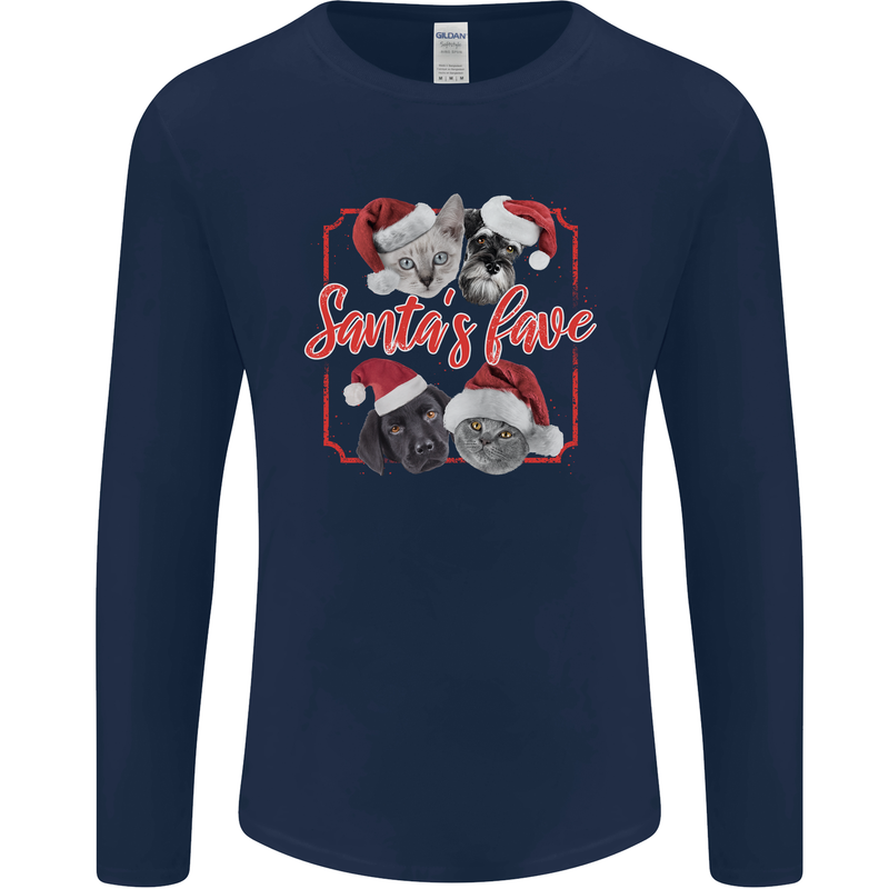 Santa's Fave Cats and Dogs Christmas Xmas Mens Long Sleeve T-Shirt Navy Blue